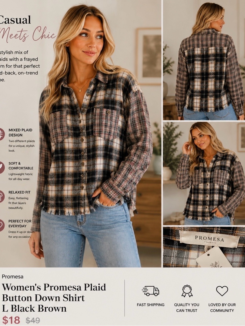 Women's Promesa Plaid Button Down Shirt L Black Brown